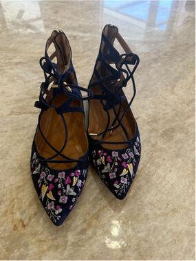 Women's Aquazzura Navy Embroidered Flats Size 8.5